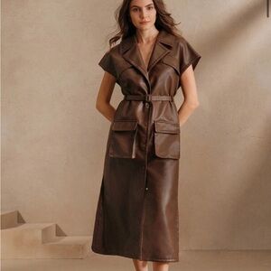 Elegant Brown Leather Belted Dress
